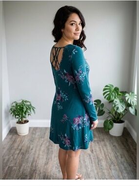 MUDD Women’s Long Sleeve Teal Floral Dress Size Small